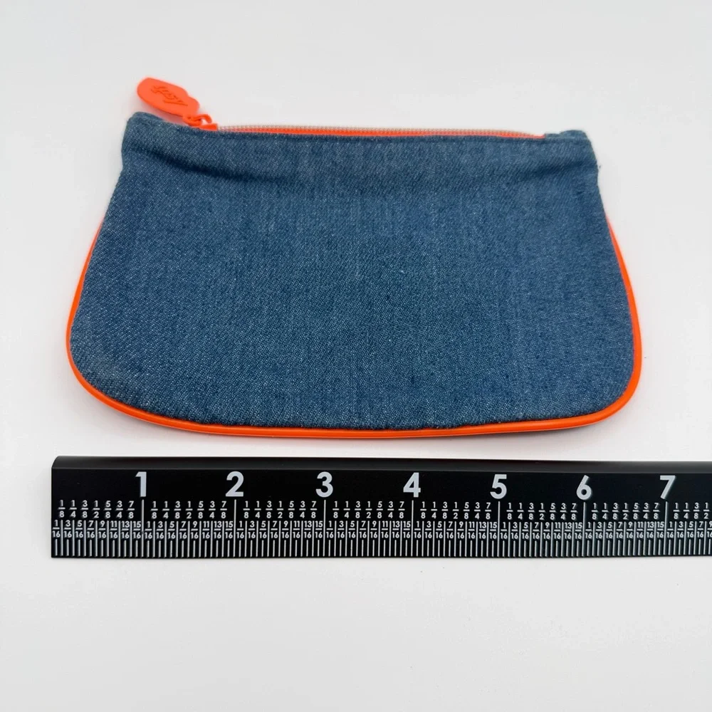 Ipsy Denim Makeup Bag‎ Cosmetic Pouch Orange Lining Zipper Glam Bag